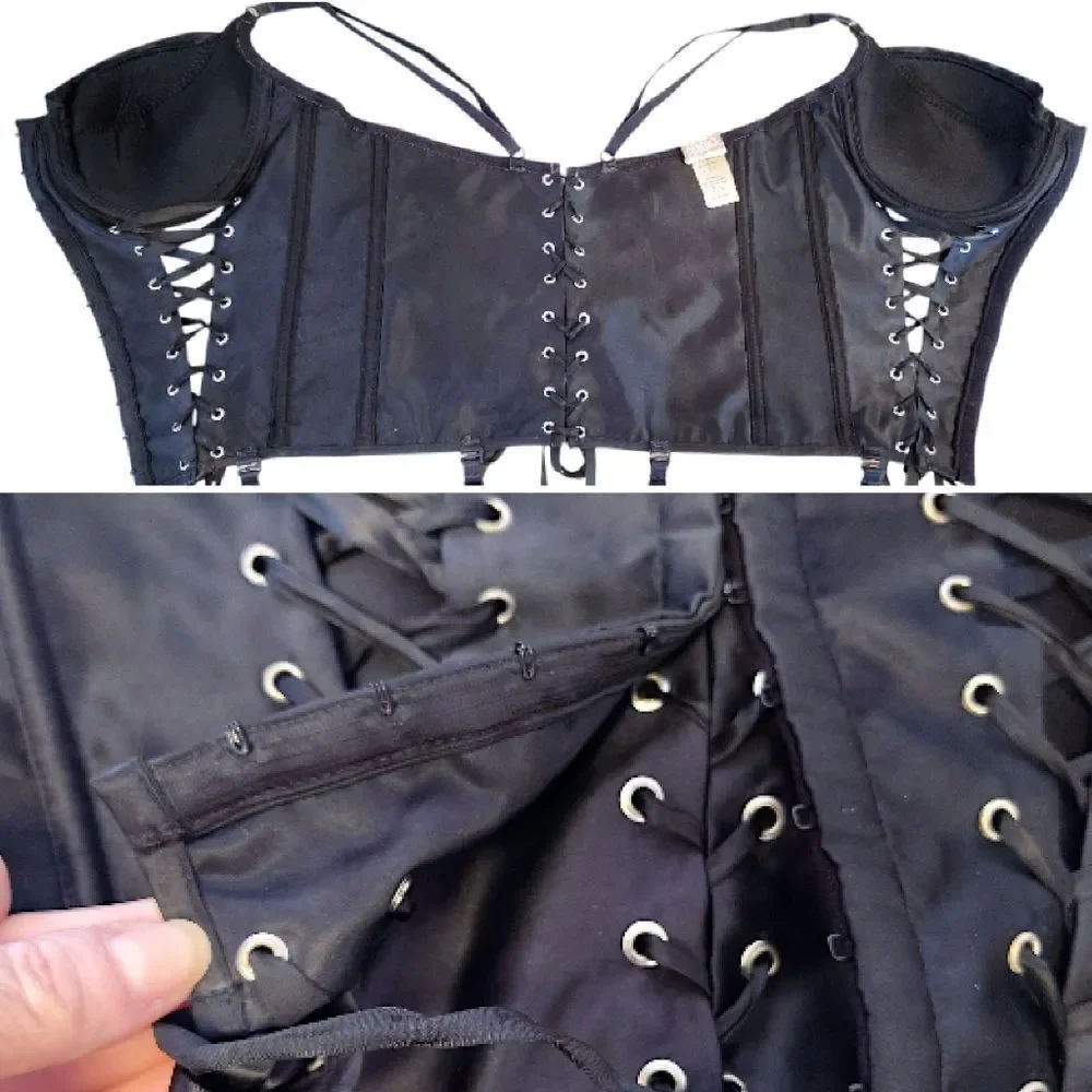 VTG Black Satin Shirley‎ Of Hollywood Lace Up Corset with Garters 38B-D